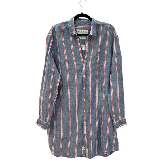 Frank & Eileen Mary Classic Shirtdress Italian Linen Red Navy Stripe Size Large - Picture 2 of 14